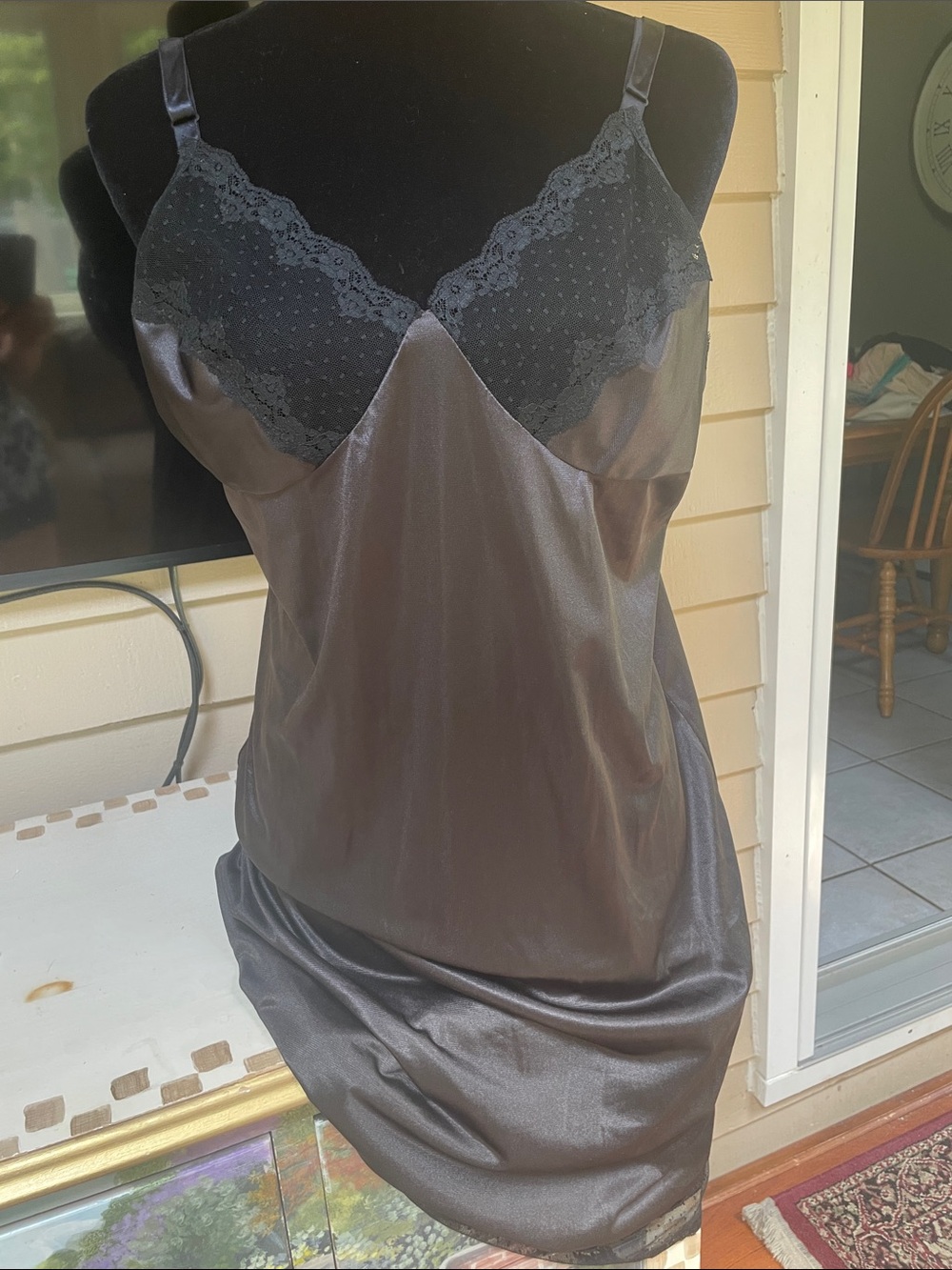 Vintage Belle Fleur Black Satin Lace Slip Dress